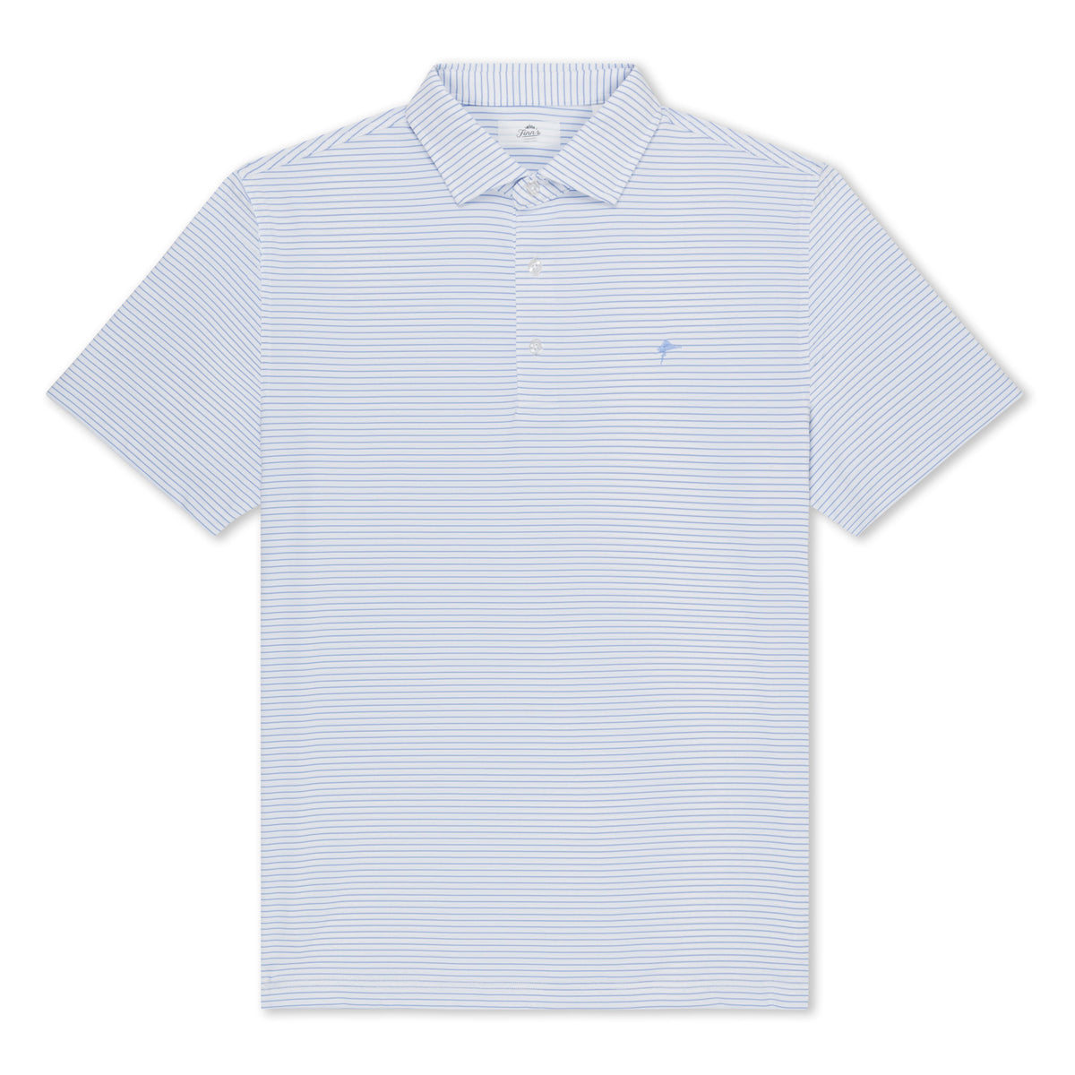 Short sleeve white polo shirt with blue horizontal stripes, featuring a classic collar and a three-button placket