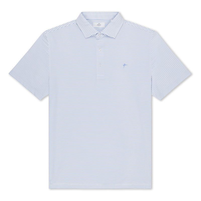 Short sleeve white polo shirt with blue horizontal stripes, featuring a classic collar and a three-button placket