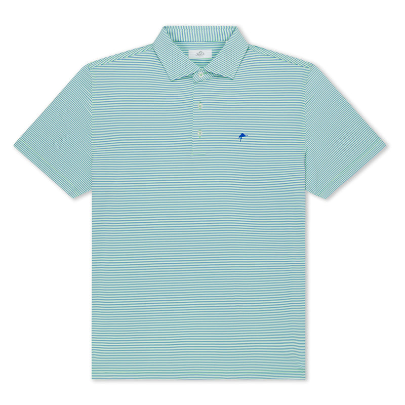 Short sleeve white polo shirt with blue and green horizontal stripes, featuring a classic collar and a three-button placket.