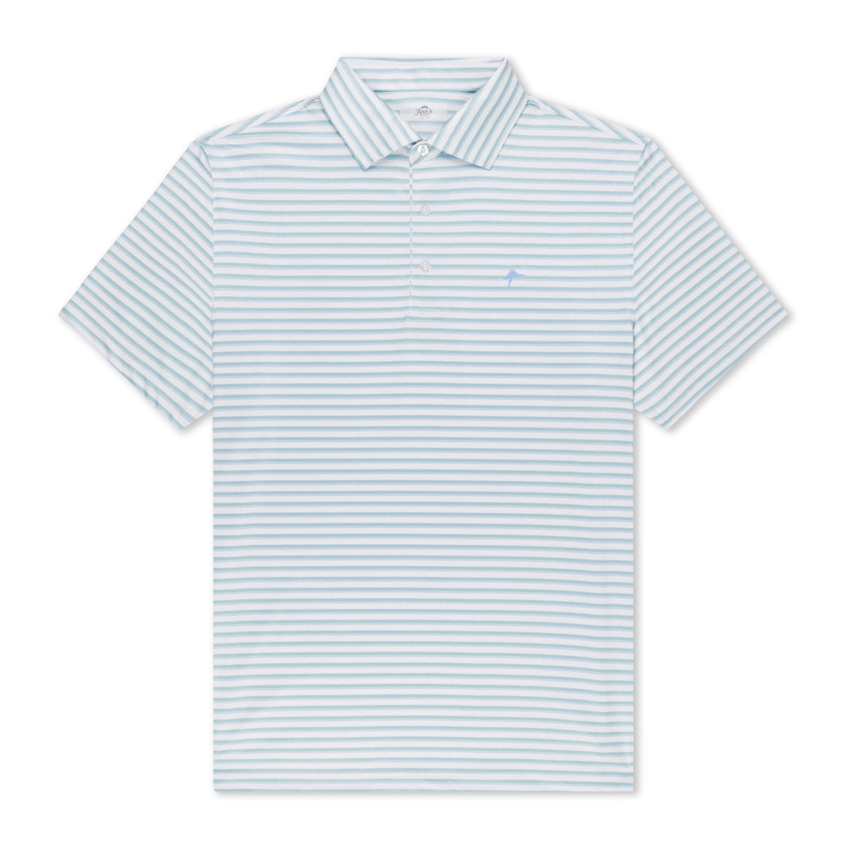 Short sleeve white polo shirt with blue horizontal stripes, featuring a classic collar and a three-button placket.