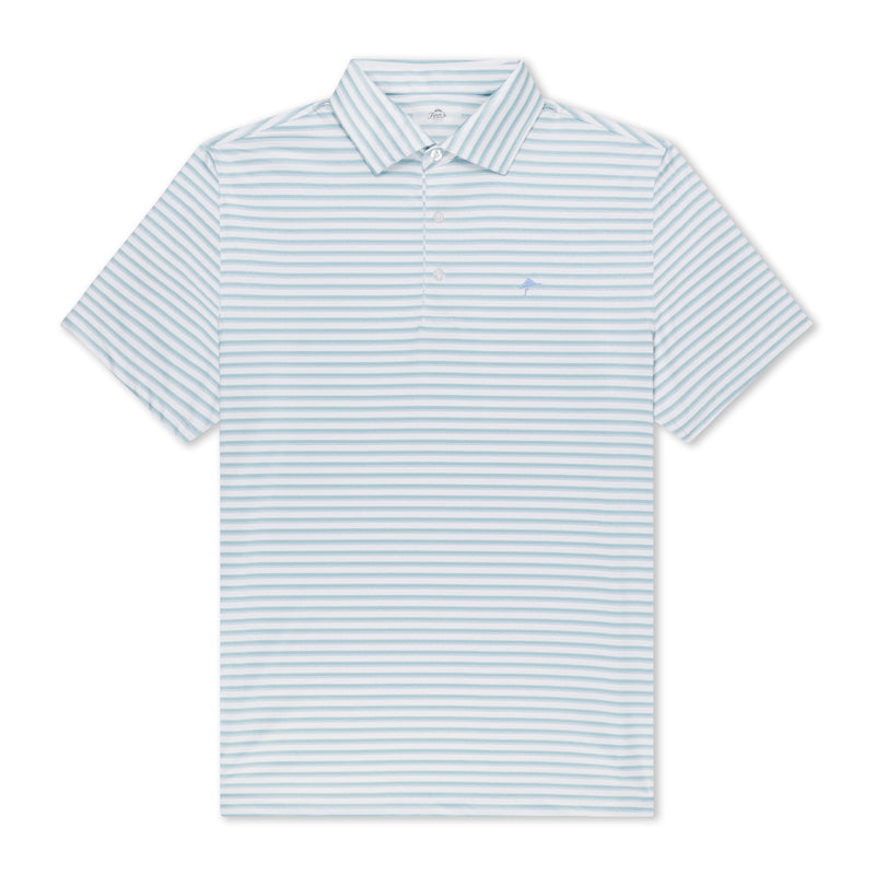 Short sleeve white polo shirt with blue horizontal stripes, featuring a classic collar and a three-button placket.