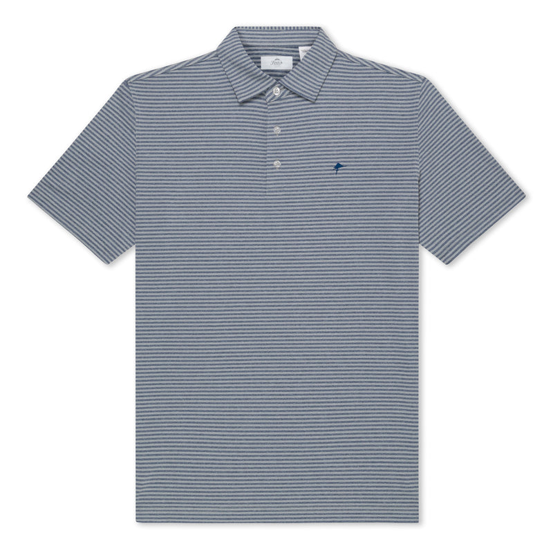 Short sleeve dark grey polo shirt with navy horizontal stripes, featuring a classic collar and a three-button placket.