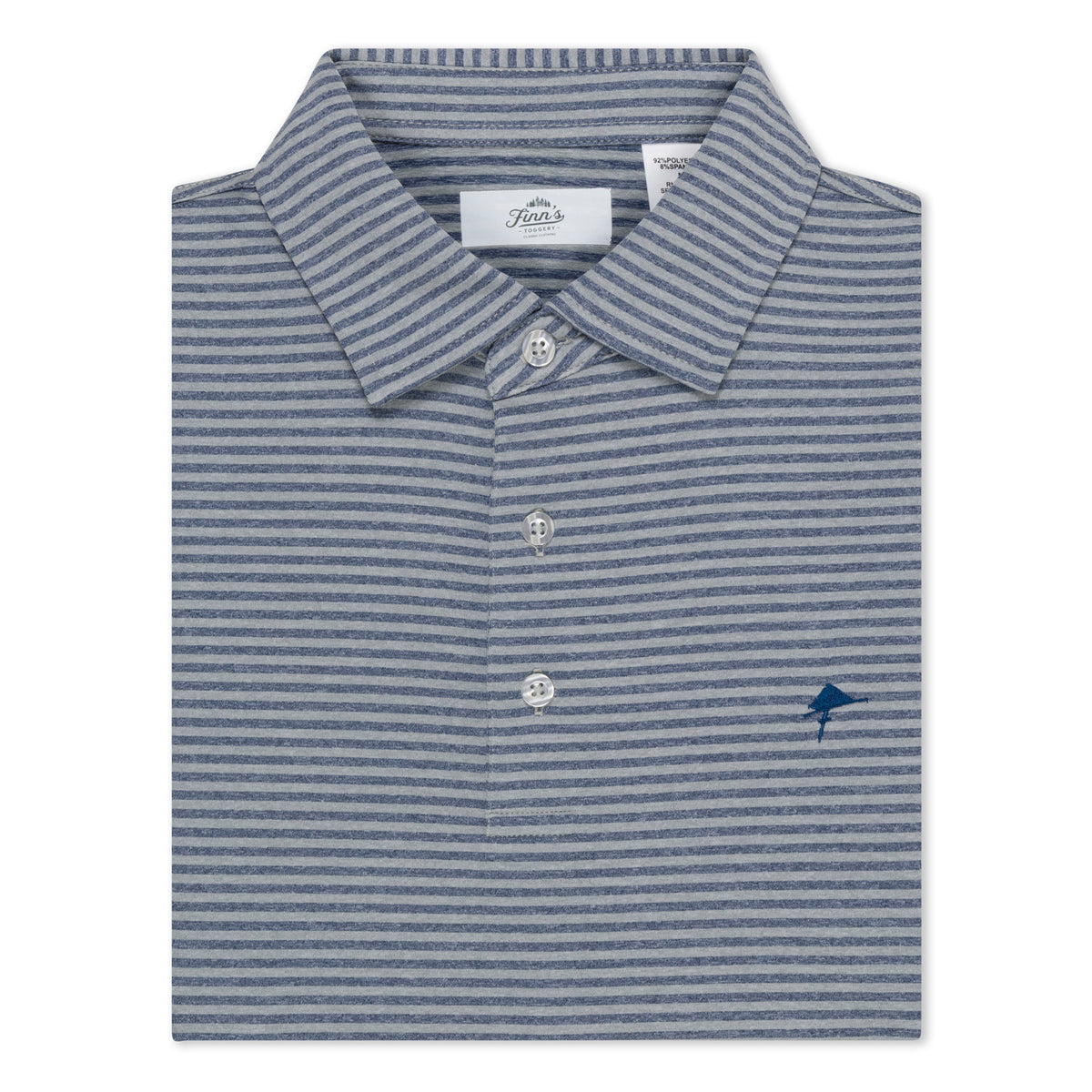 Short sleeve dark grey polo shirt with navy horizontal stripes, featuring a classic collar and a three-button placket.