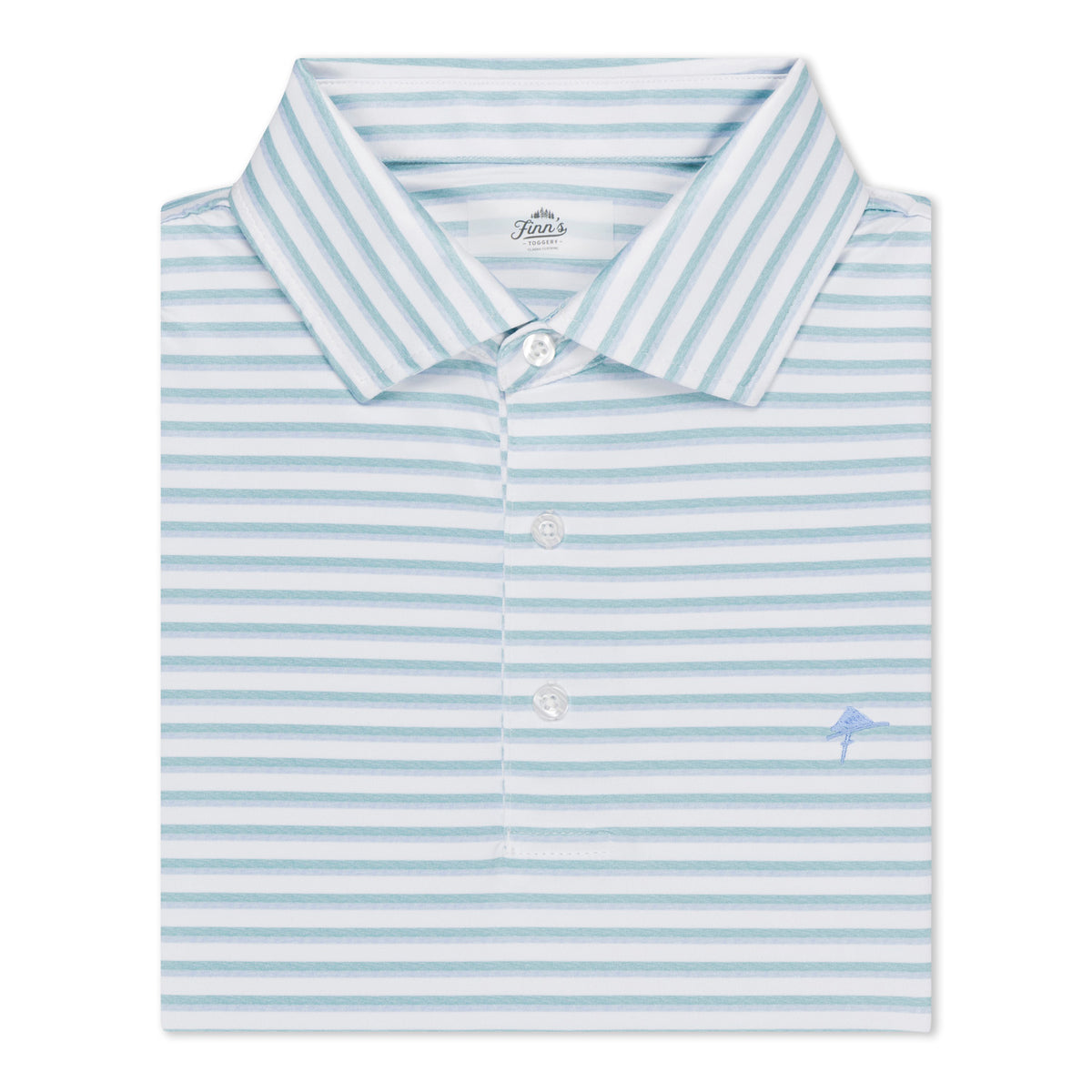 Short sleeve white polo shirt with blue horizontal stripes, featuring a classic collar and a three-button placket.