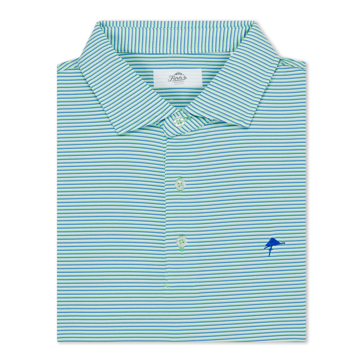 Short sleeve white polo shirt with blue and green horizontal stripes, featuring a classic collar and a three-button placket.