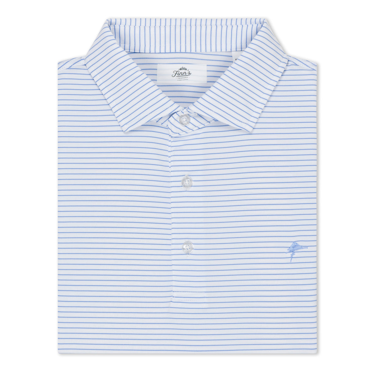 Short sleeve white polo shirt with blue horizontal stripes, featuring a classic collar and a three-button placket